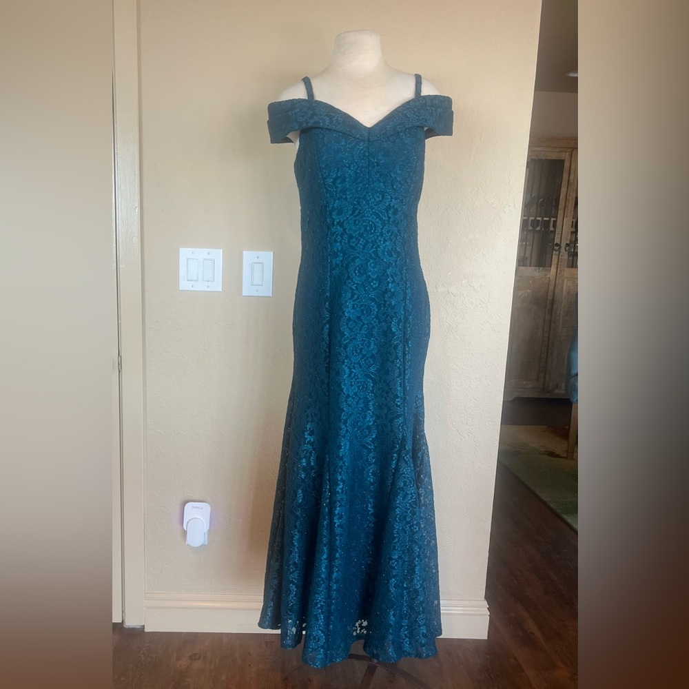 R&M Richards Teal Lace Gown Dress